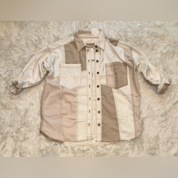 NEW FREE PEOPLE Ivory Mountain Roads Denim Button-Up ivory combo Shirt jacket L - Picture 4 of 9